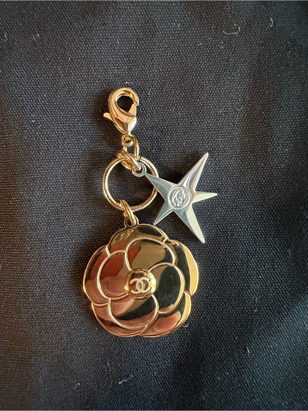 CHANEL Gold Camellia & Star Charm Keychain